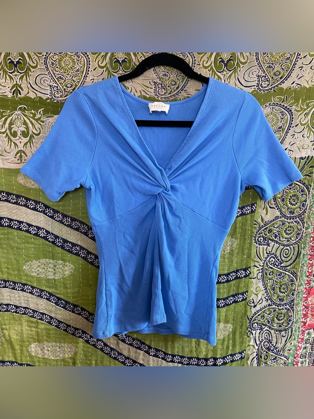 Sezane Bleuet Maia Ribbed Twist Front Top Size Large Quiet Luxury Best Seller - Picture 2 of 15